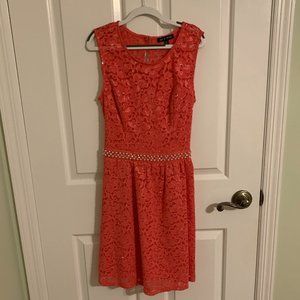 Sparkly Coral Floral Dress with White Pearl Beaded Waistline